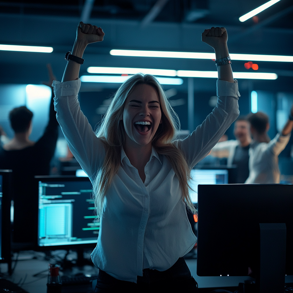 IT team celebrating success with female project lead smiling.