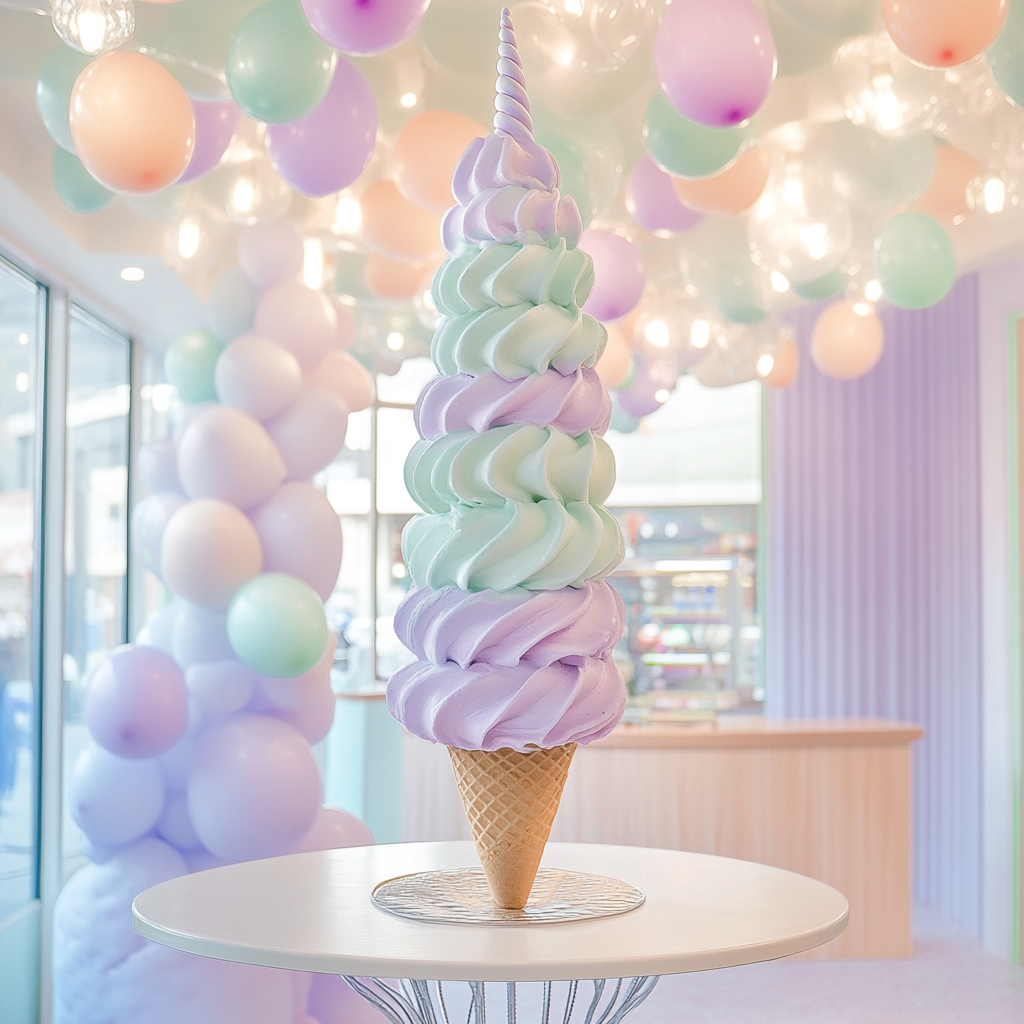 Ice cream cone tower with pastel balloons at amusement park.