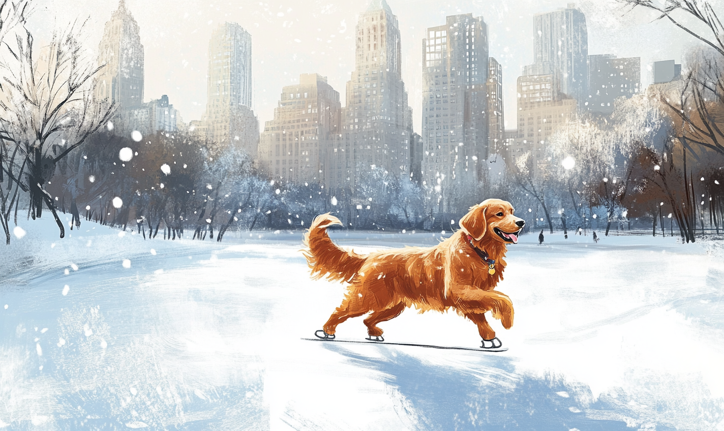 Ice-skating golden retriever in Central Park, Christmas children's book.