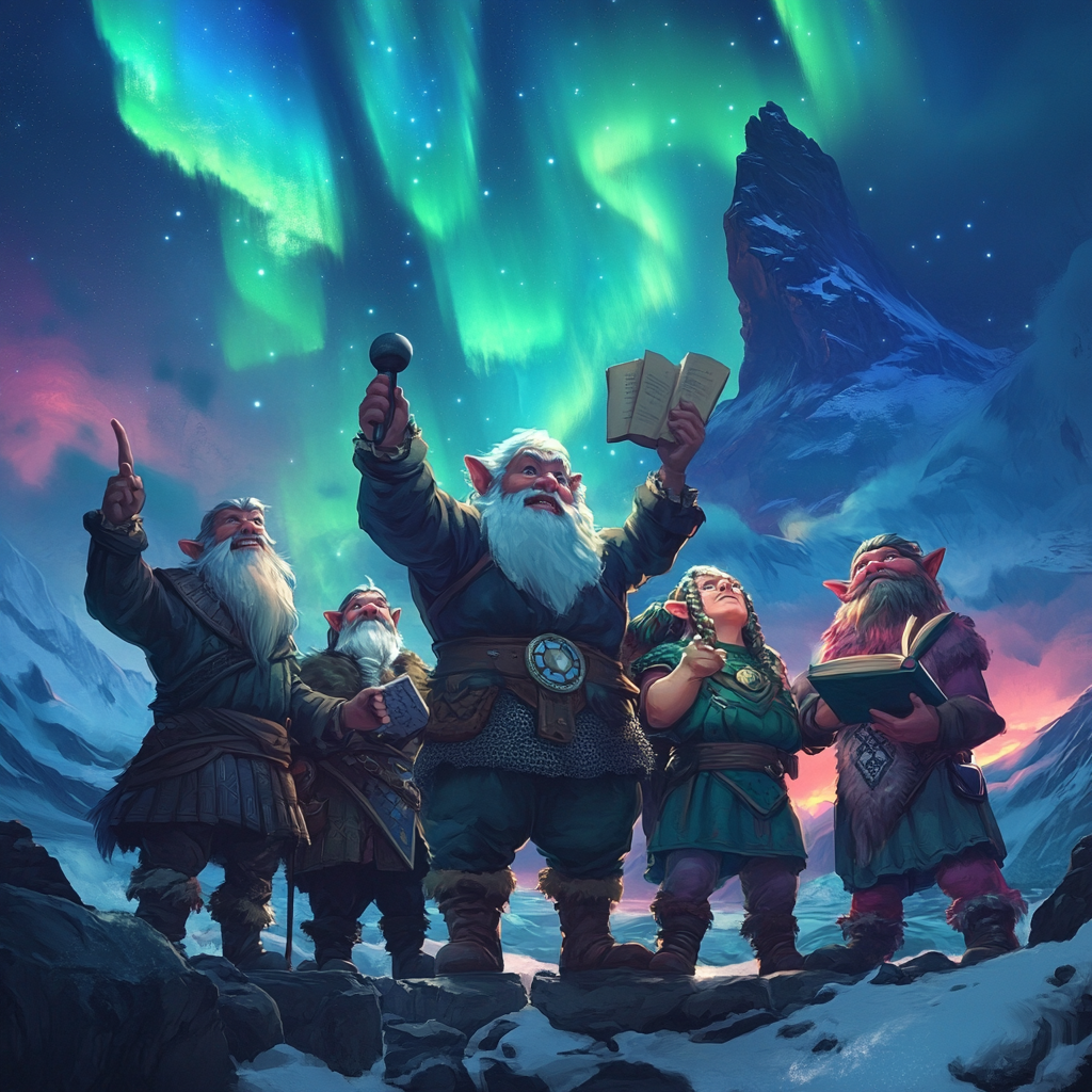 Icelandic Troll Characters Giving Speech Under Northern Lights