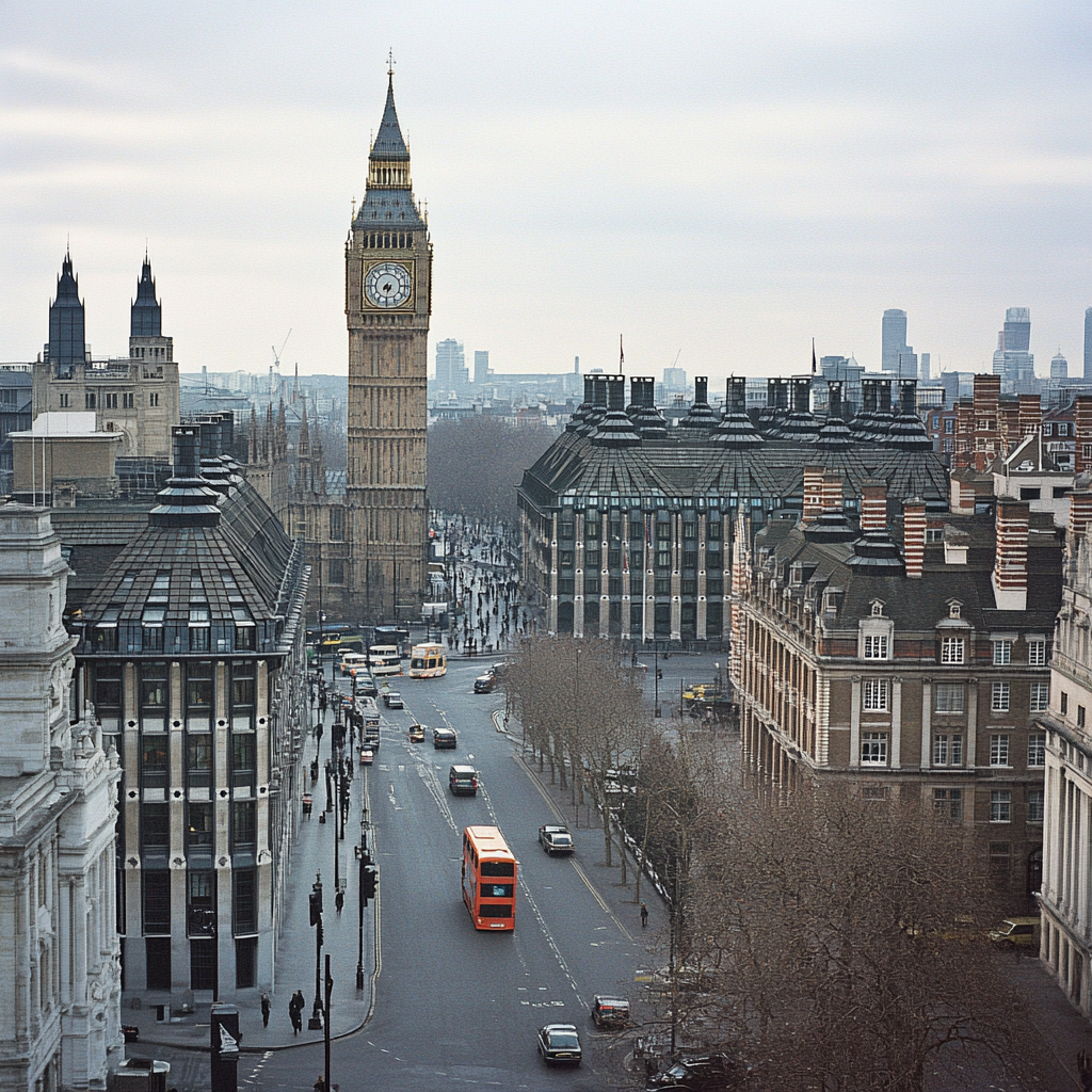 Iconic Big Ben stands out among modern, generic buildings.