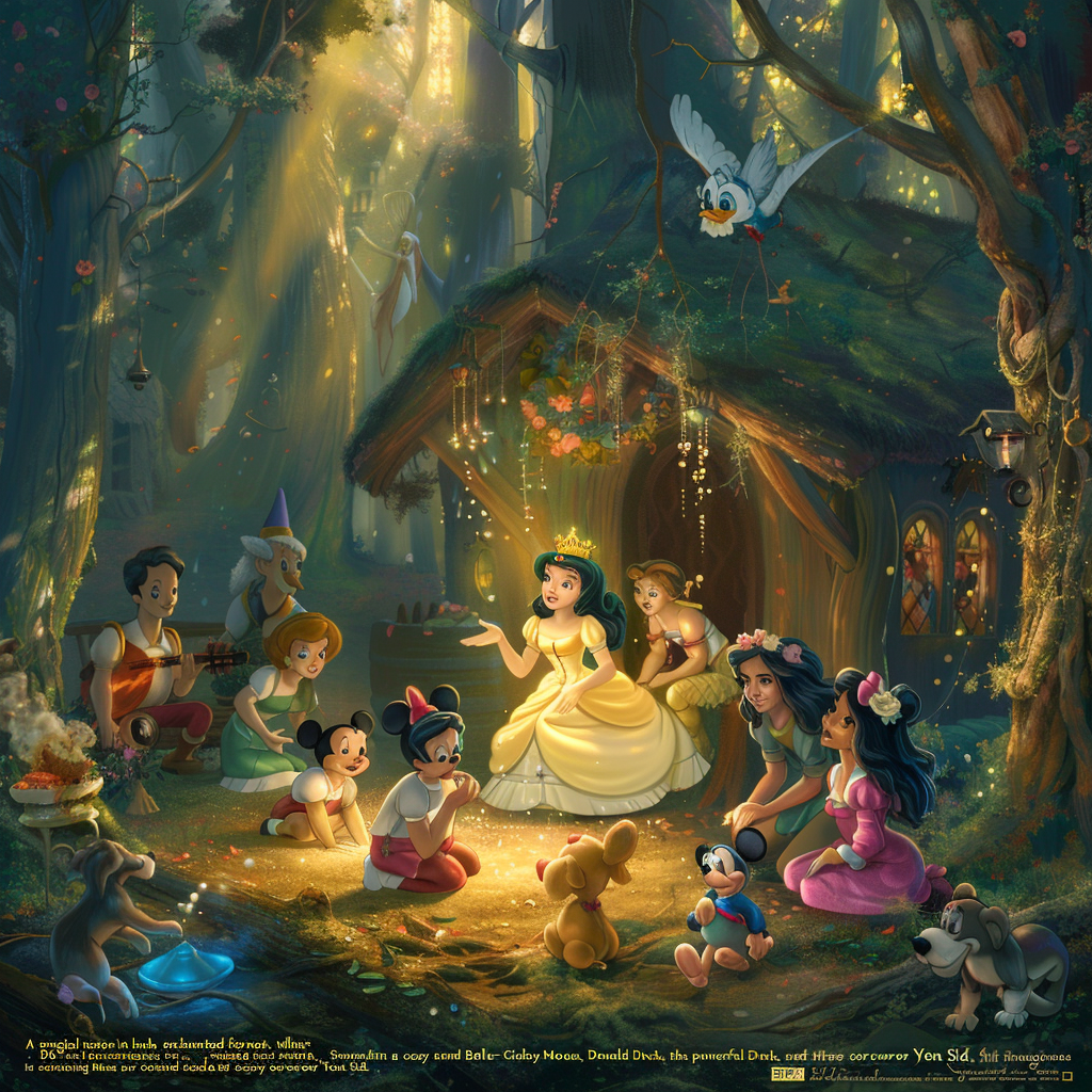 Iconic Disney princesses and characters unite in magical forest.