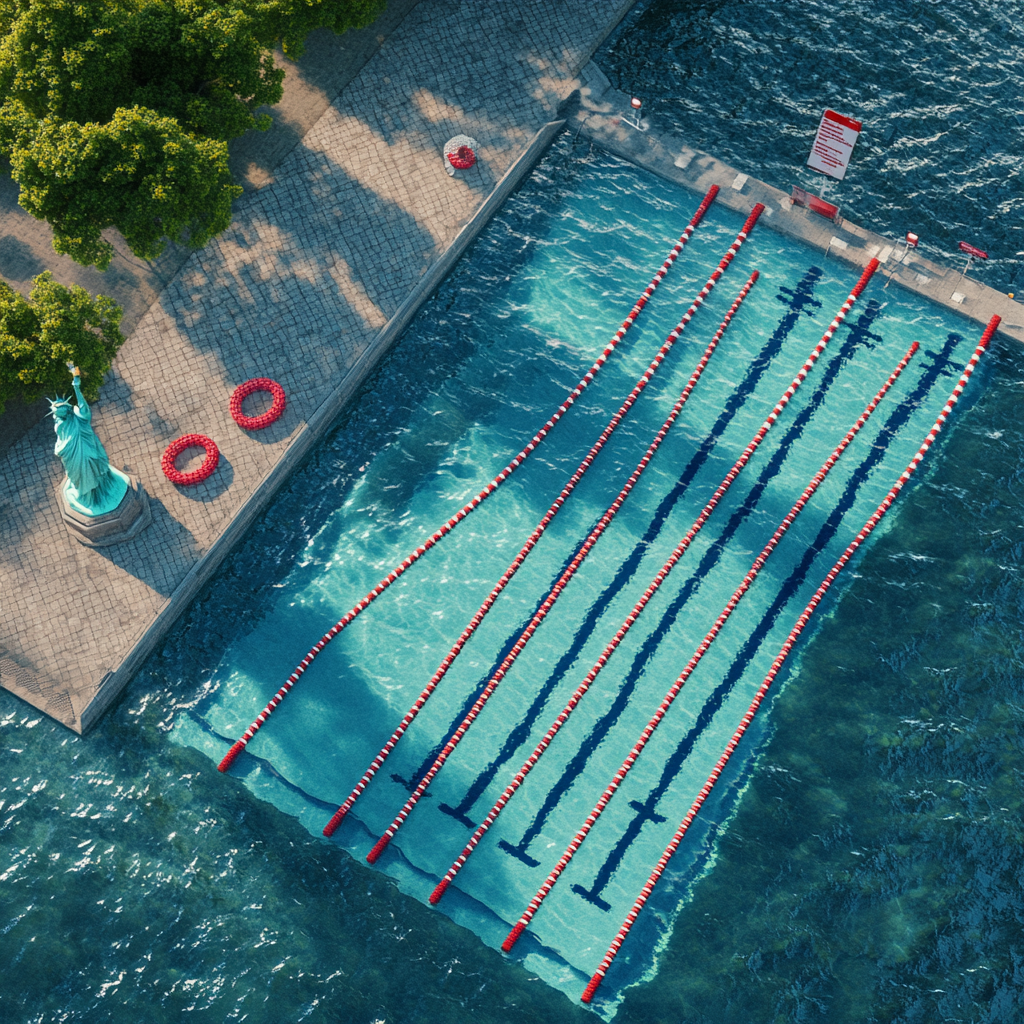 Iconic Olympic Pool at Statue of Liberty - Aerial FujiFilm Raw Shot