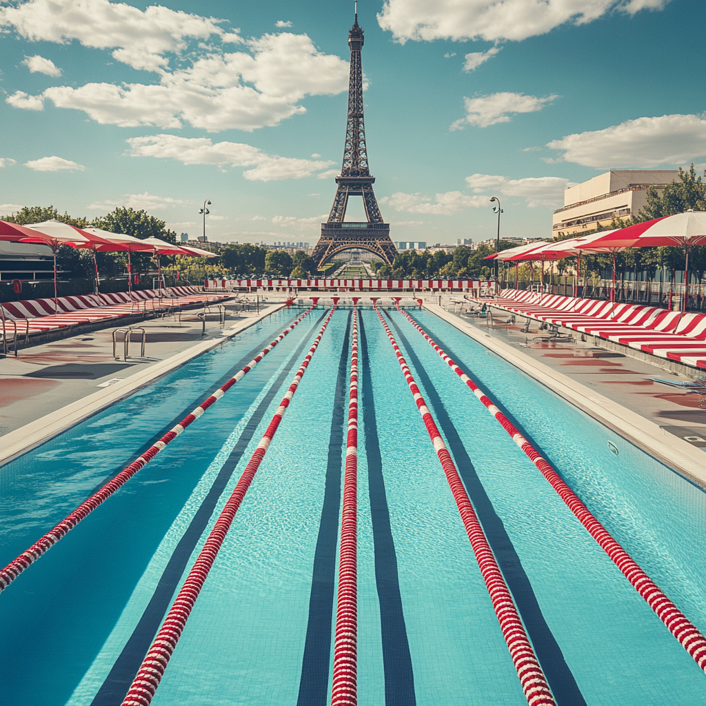 Iconic Olympic Swimming Pool Below Eiffel Tower Fujifilm Style