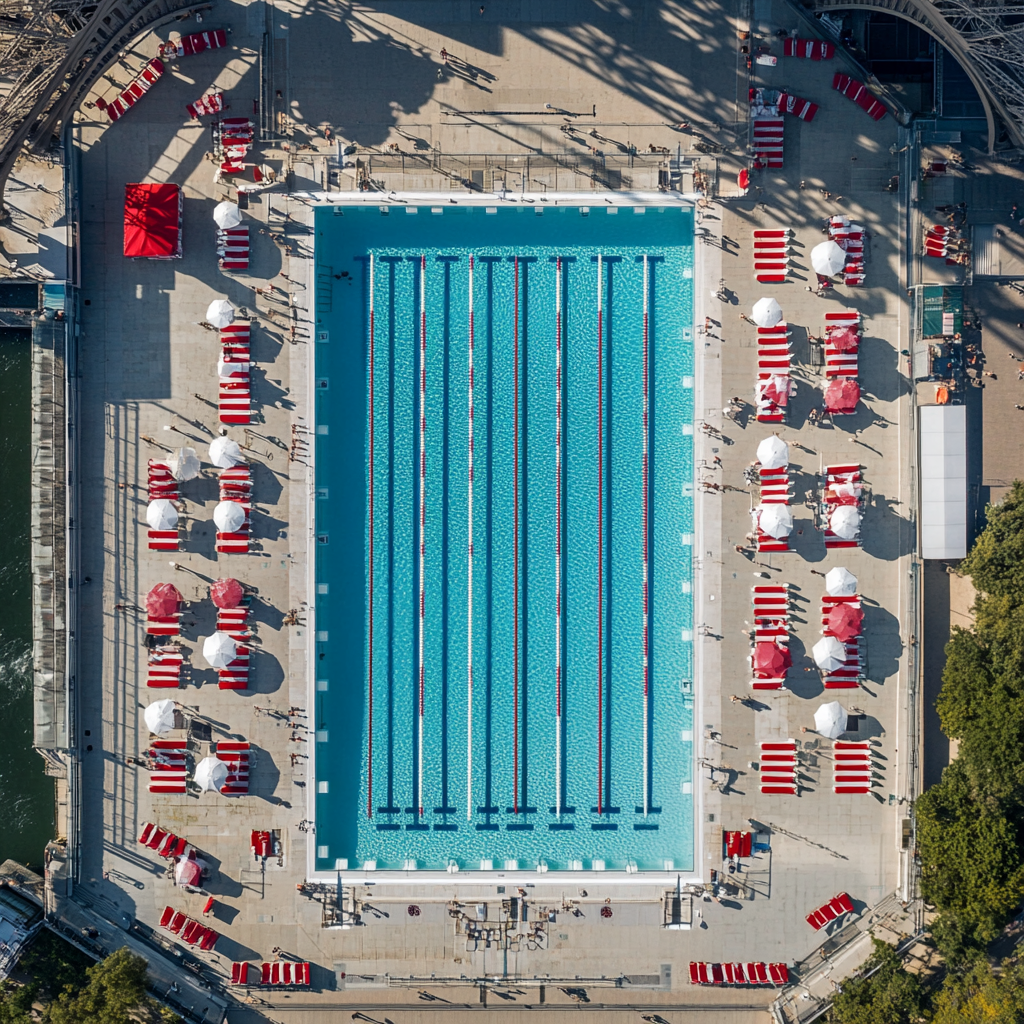 Iconic Olympic Swimming Pool by Eiffel Tower Aerial Shot