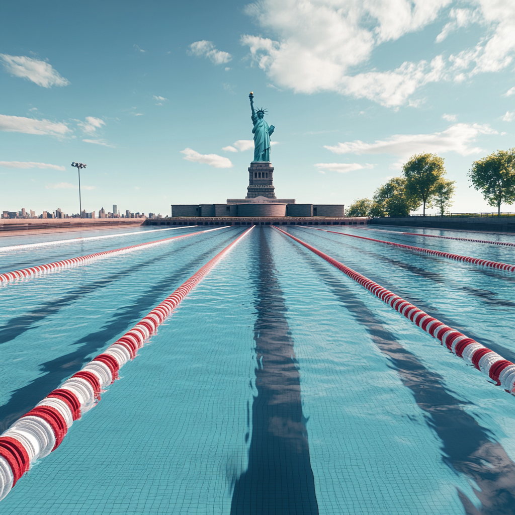 Iconic Olympic swimming pool at Statue of Liberty, Fujifilm style, 1:1 ratio