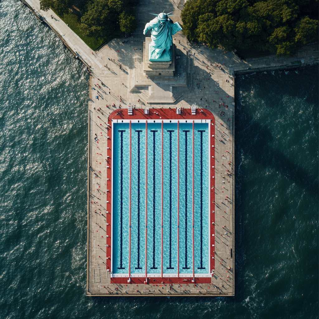 Iconic Olympic swimming pool with Statue of Liberty 