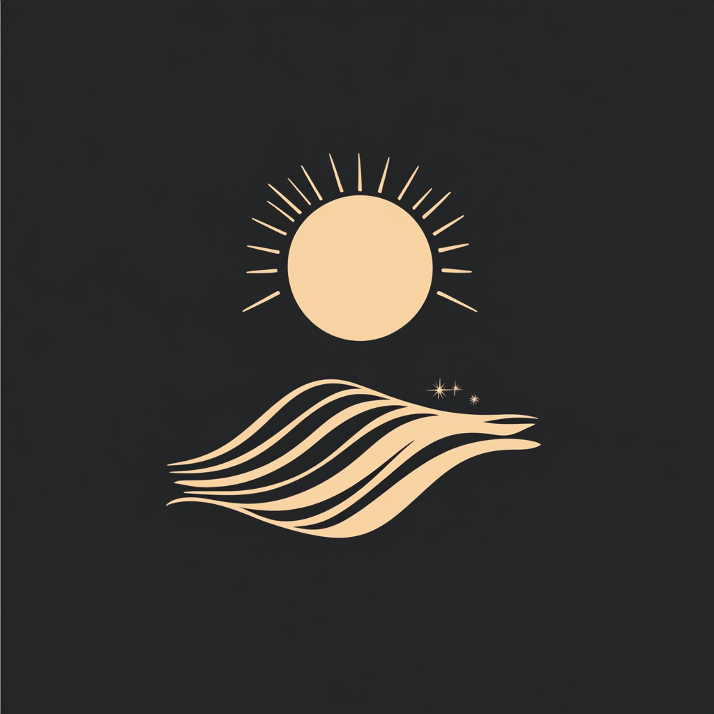 Iconic minimalist logo representing sand, sea, and spirits.