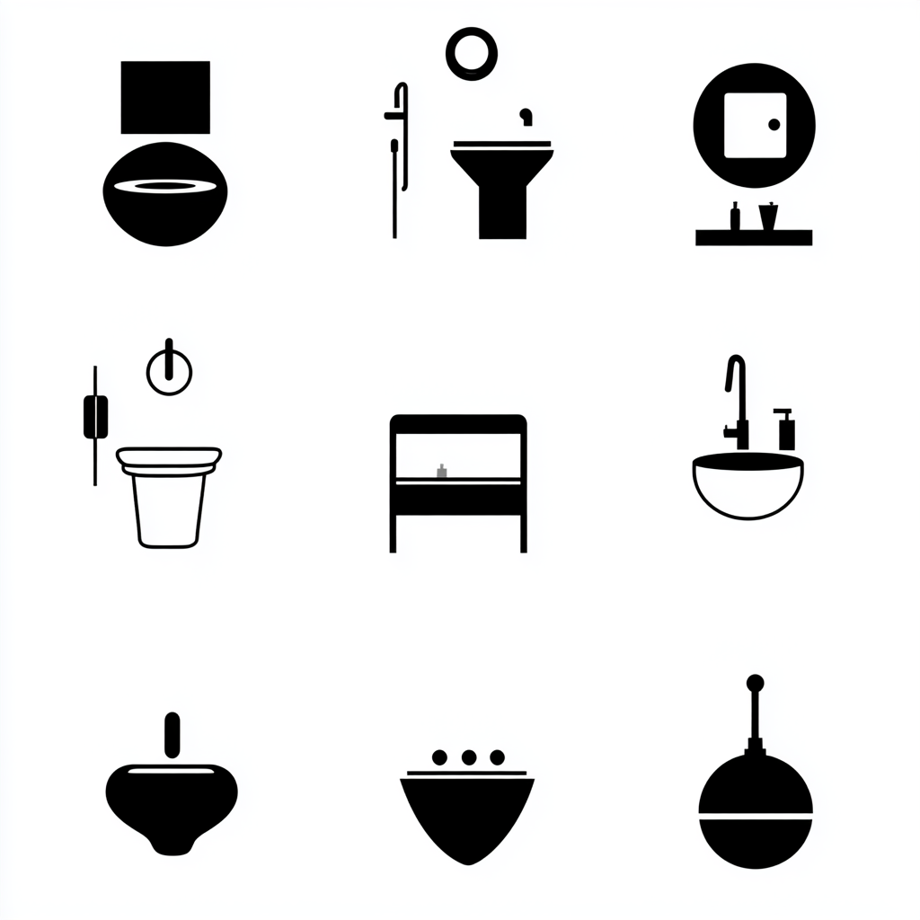 Icons for various rooms and spaces in black and white