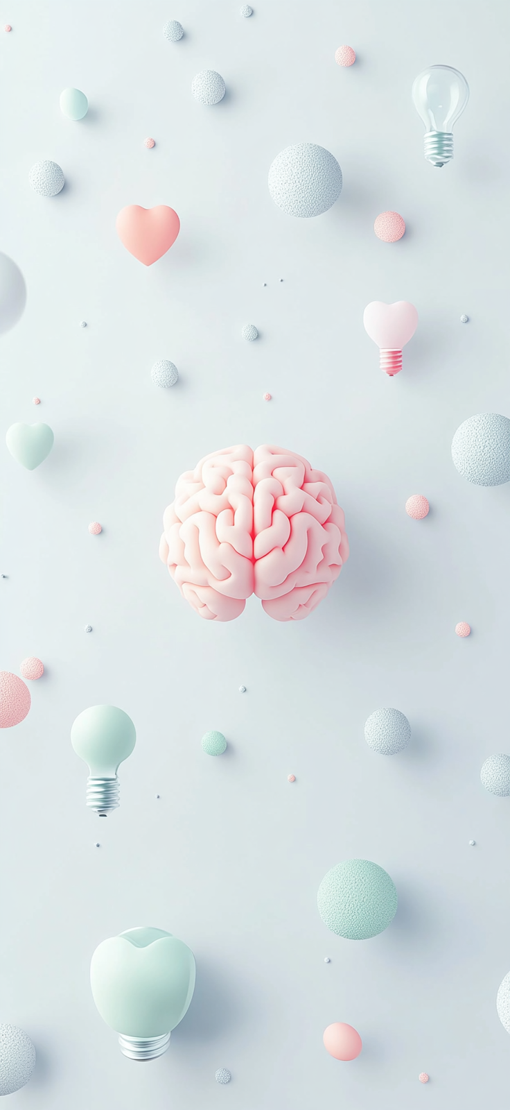 Icons of Brain, Heart, and Lightbulb on Gray Background