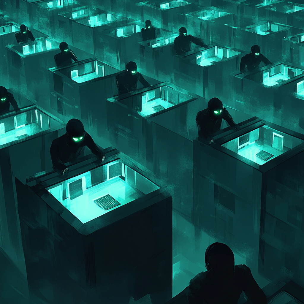 Identical cubicles filled with faceless figures working silently.