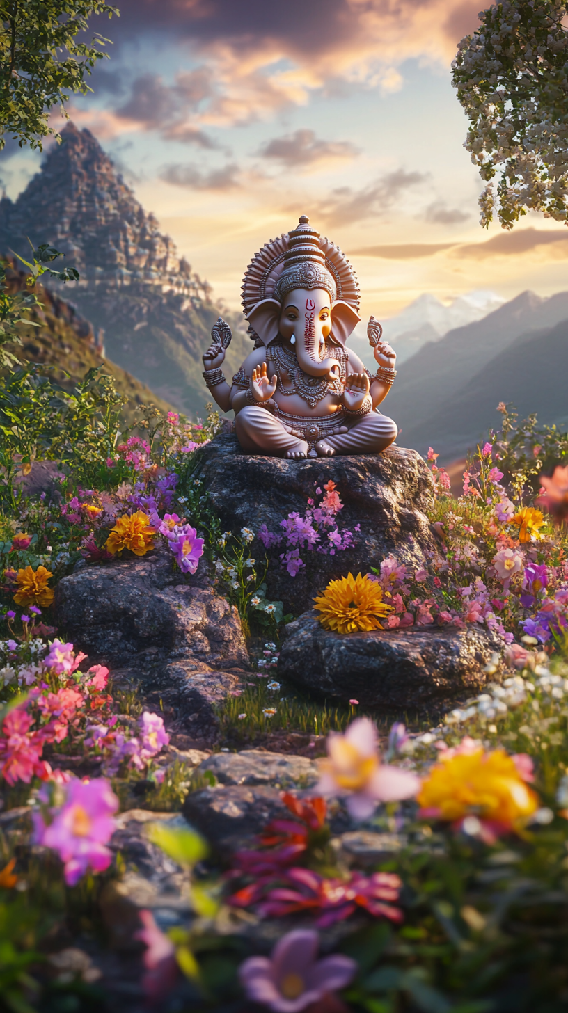 Idol on rock, valley with flowers, Hindu temple, people.