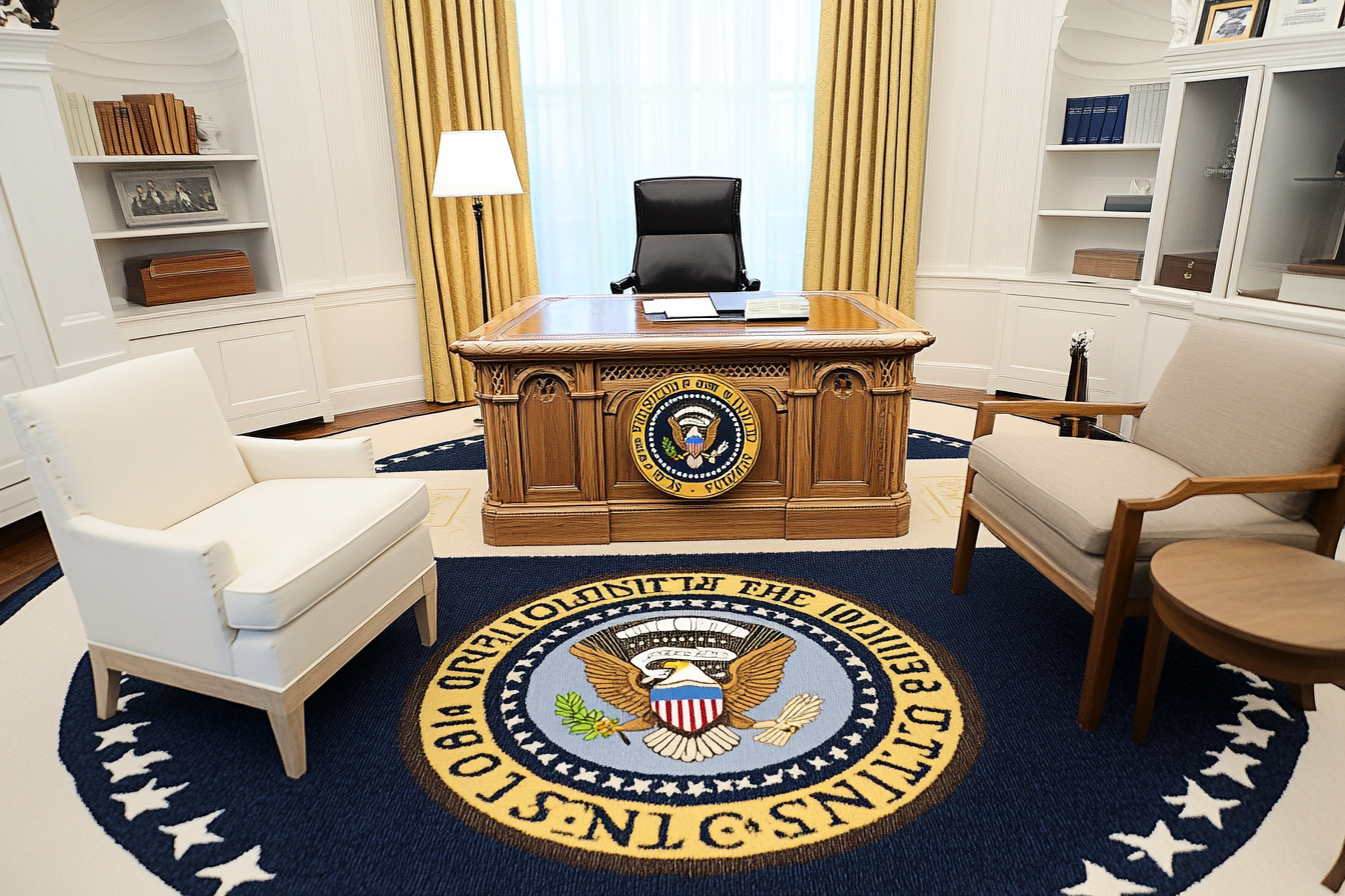 Ikea furniture in Oval Office with Presidential Seal carpet.