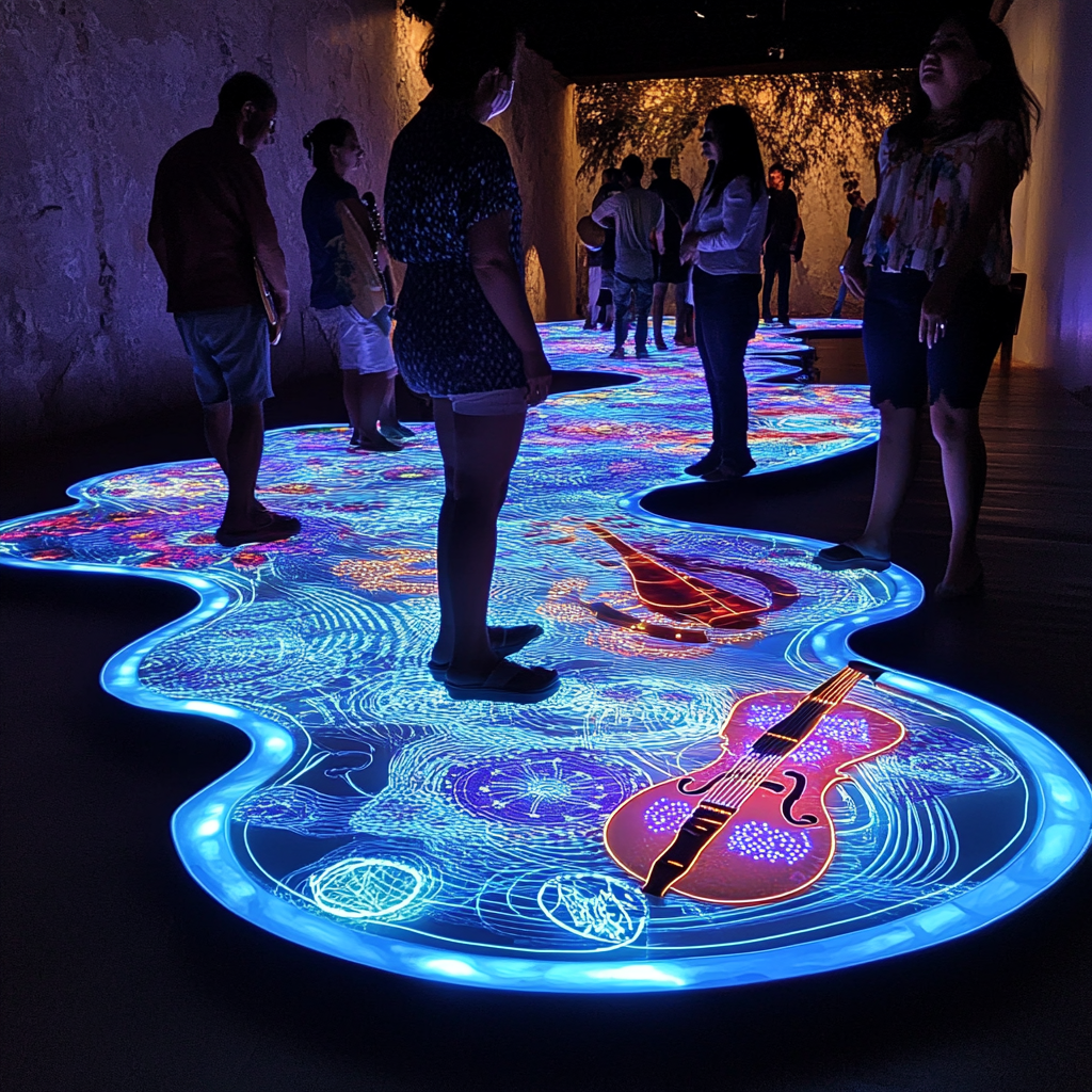 Illuminated board with Michoacan music instruments and circles.