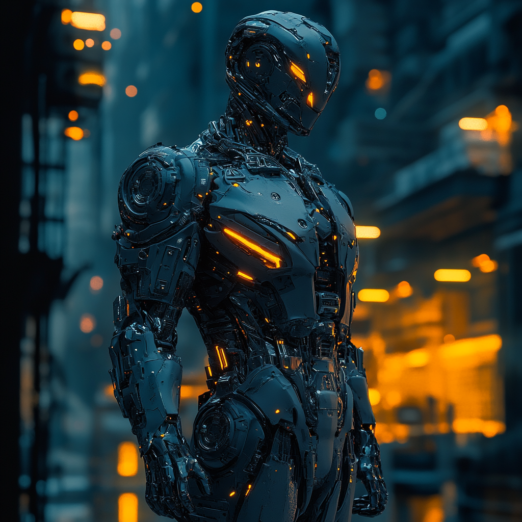 Illuminated futuristic humanoid sculpture in dark cyberpunk city.