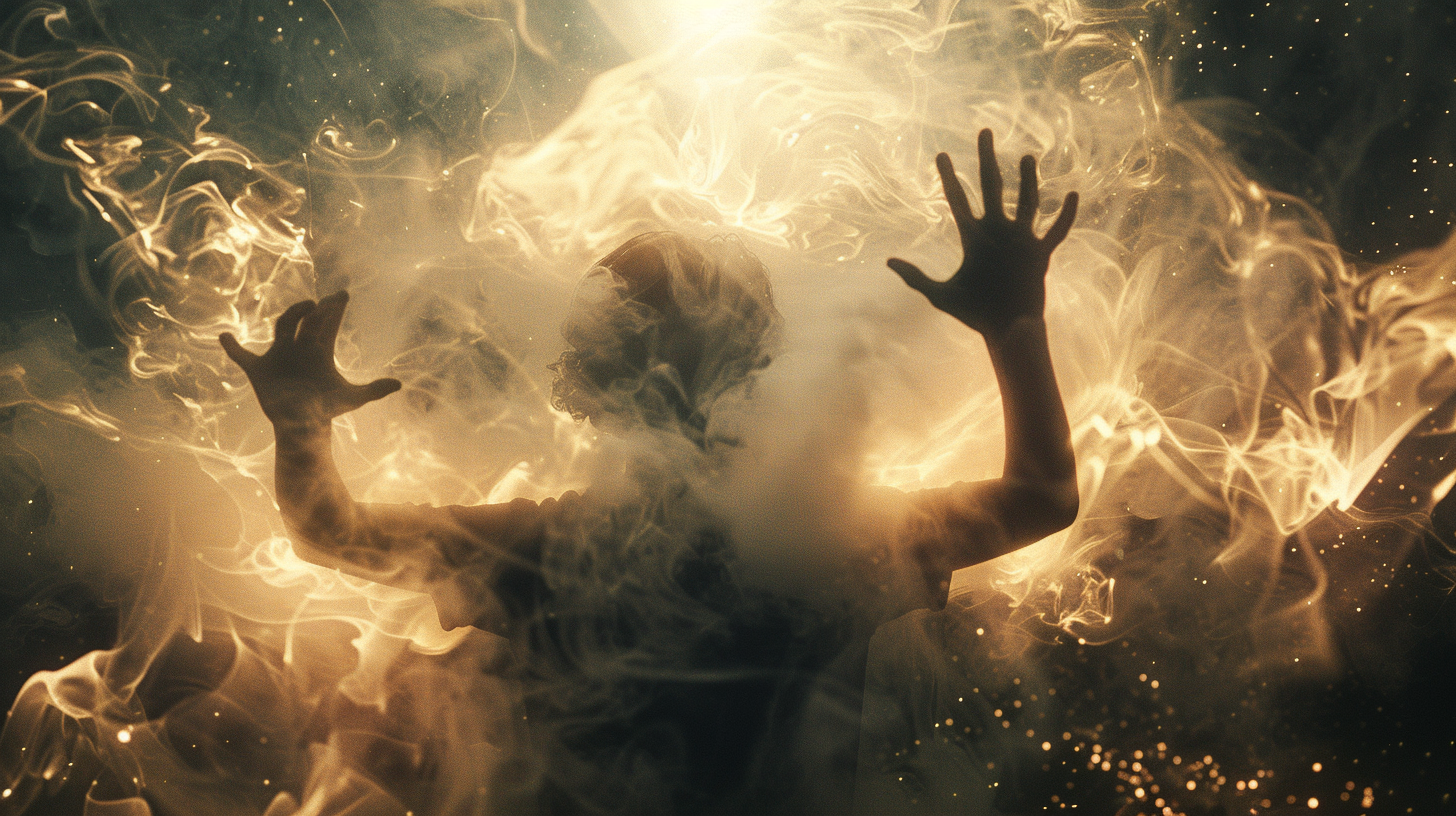 Illusionist dissolves object with swirling smoke, cinematic lighting.