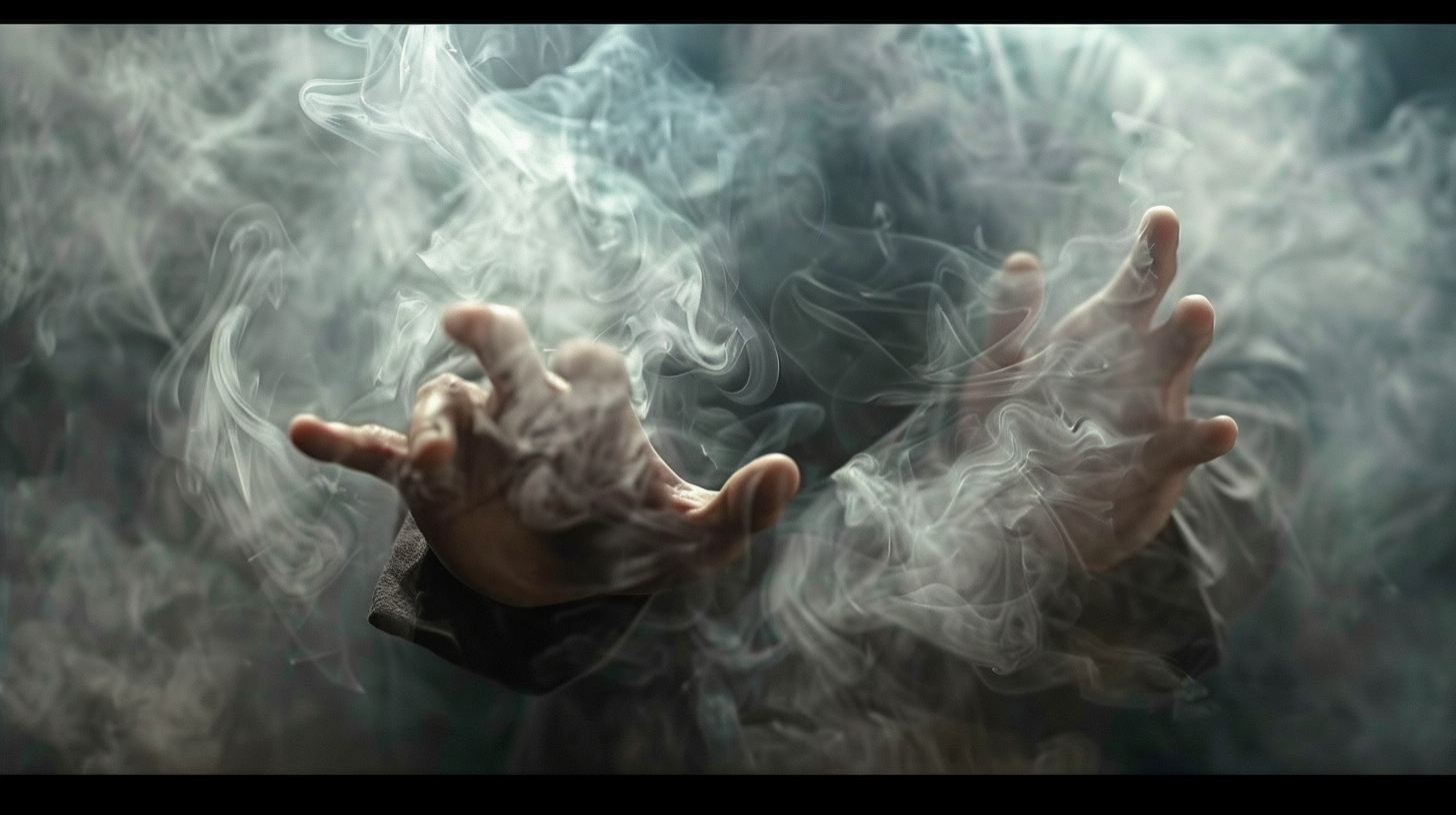 Illusionist transforms object into foggy smoke with lighting.