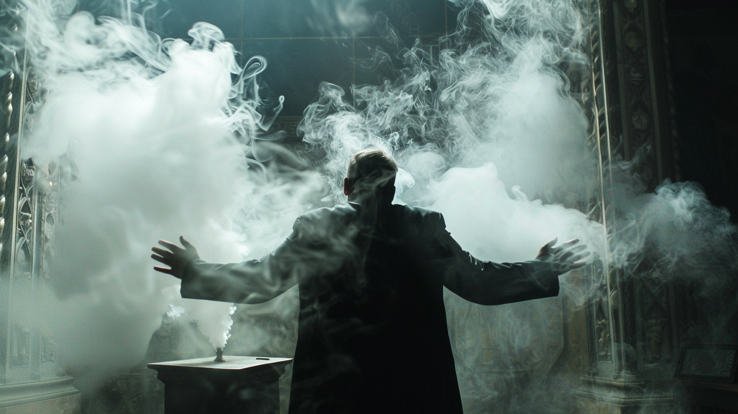 Illusionist turns object into swirling smog with lighting.