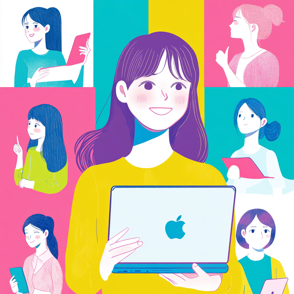 Illustrate 30-year-old Japanese woman with Mac computer, expressions, hairstyles.