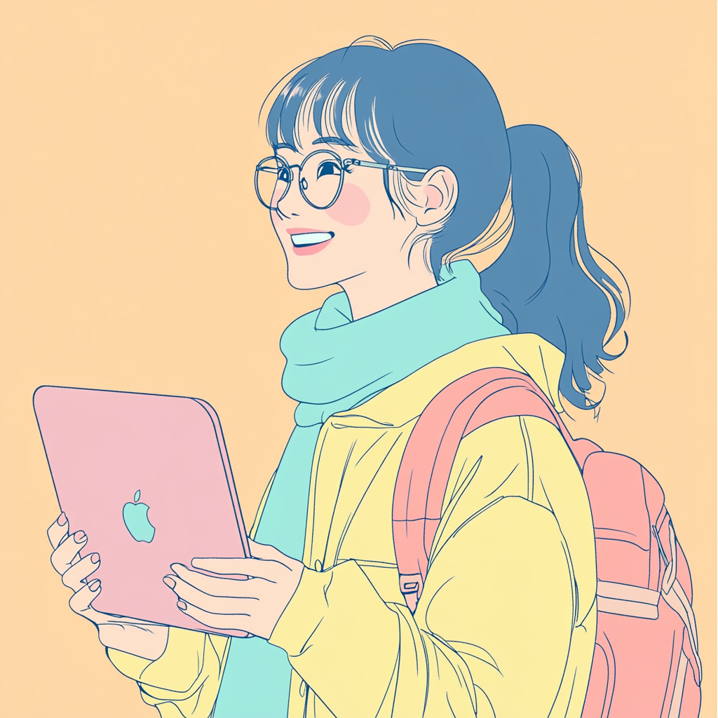 Illustrate Japanese woman with Mac computer in various moods.