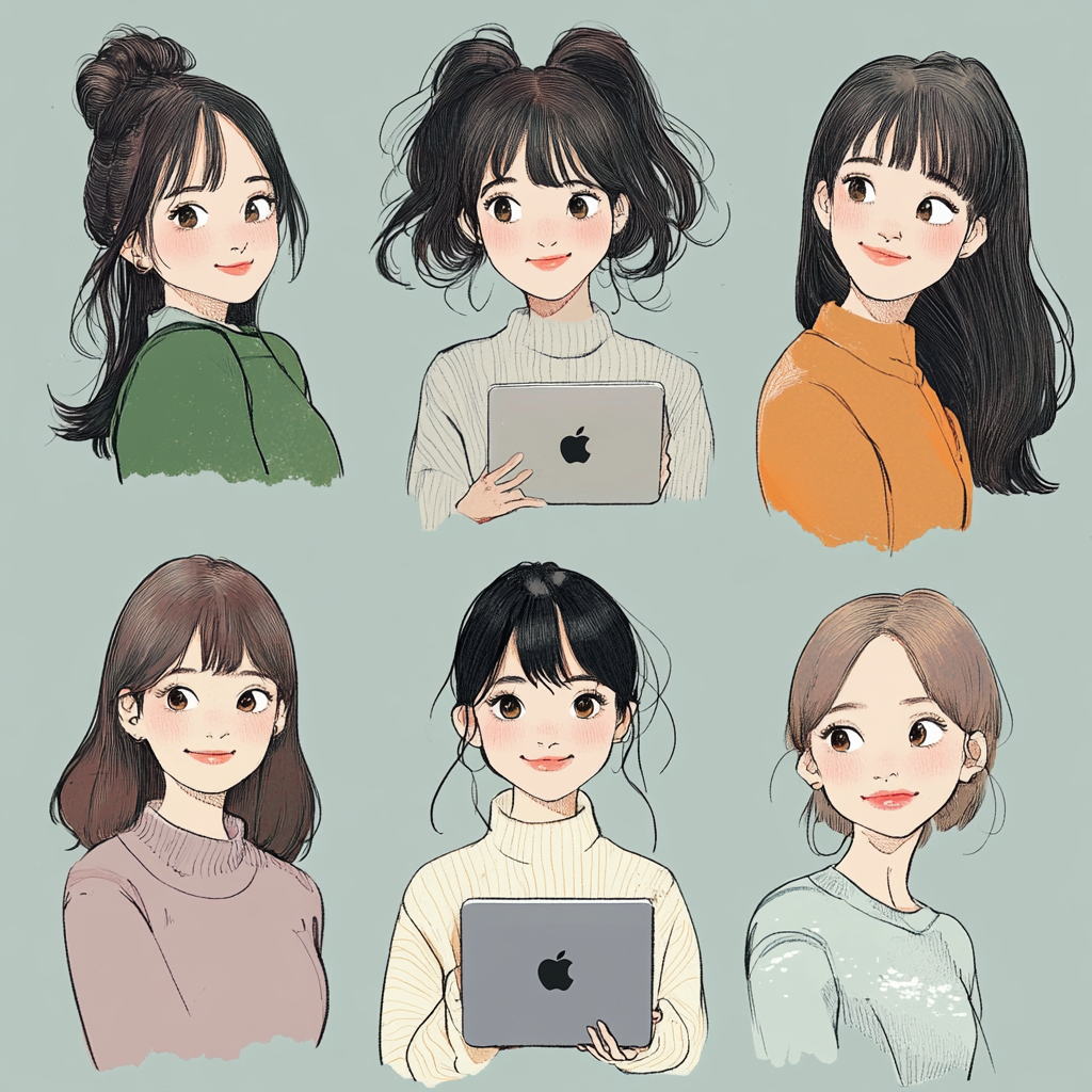 Illustrate five 30-year-old Japanese women with Mac computers.