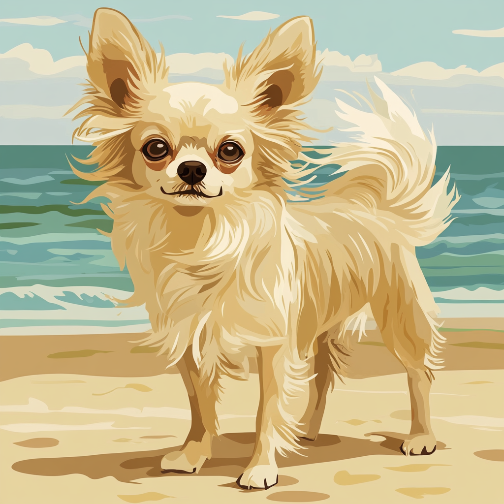 Illustrate long-haired Chihuahua on beach with ocean.