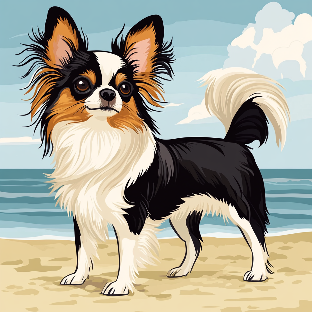 Illustrate single long-haired Chihuahua on beach. Flat design.