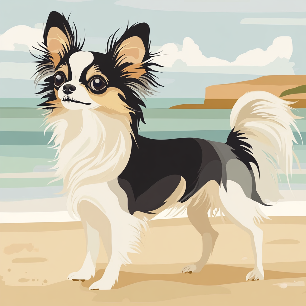 Illustrate small long-haired Chihuahua on beach. Flat design.