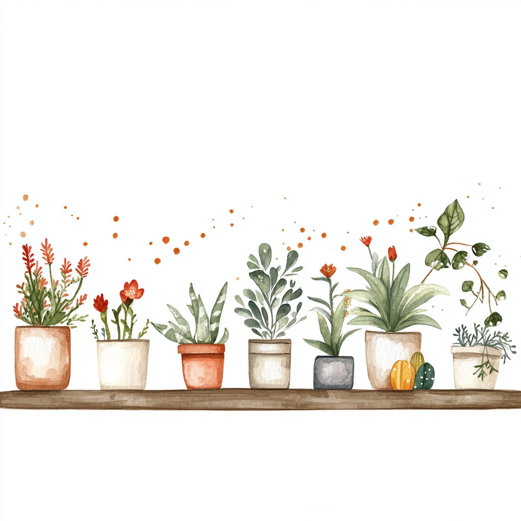 Illustrated flowers and houseplants on cozy shelf.