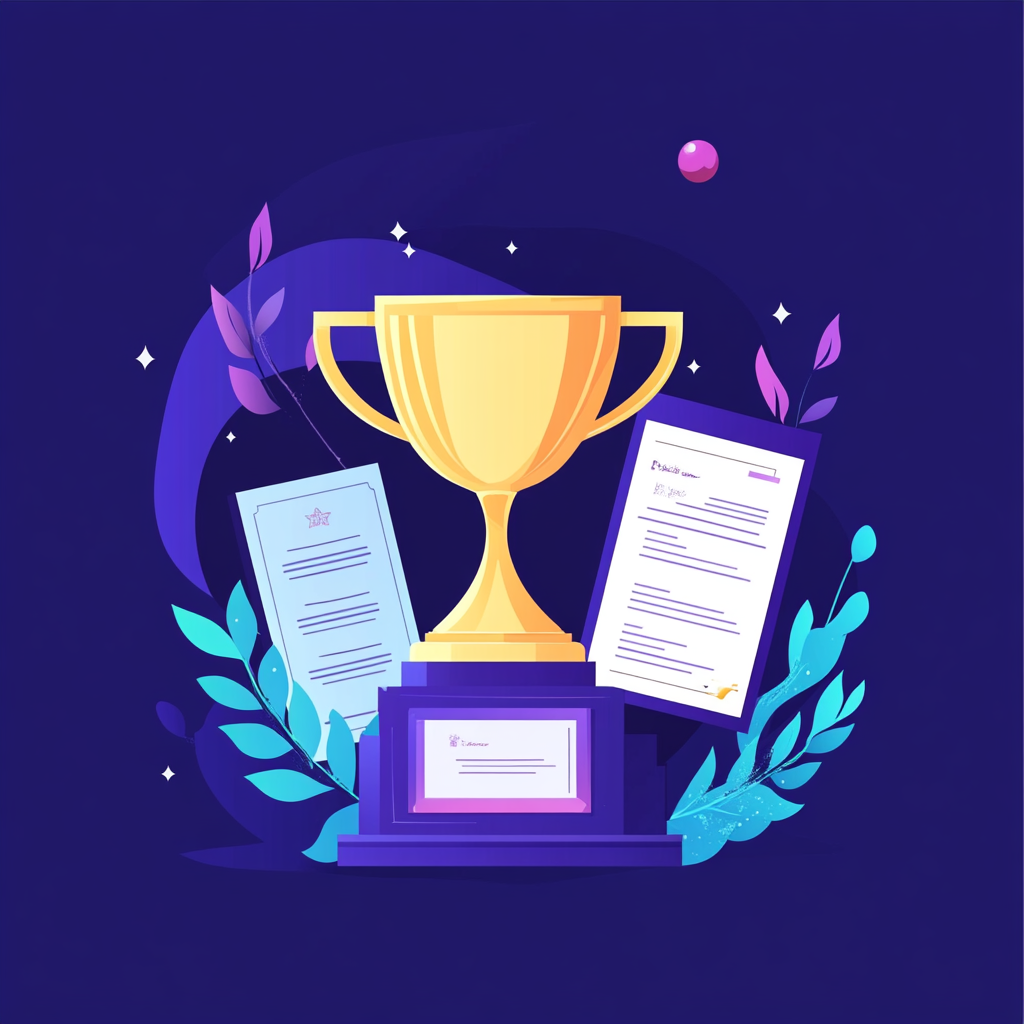 Illustrated trophy with stylized ribbons, certificates, success graphics.