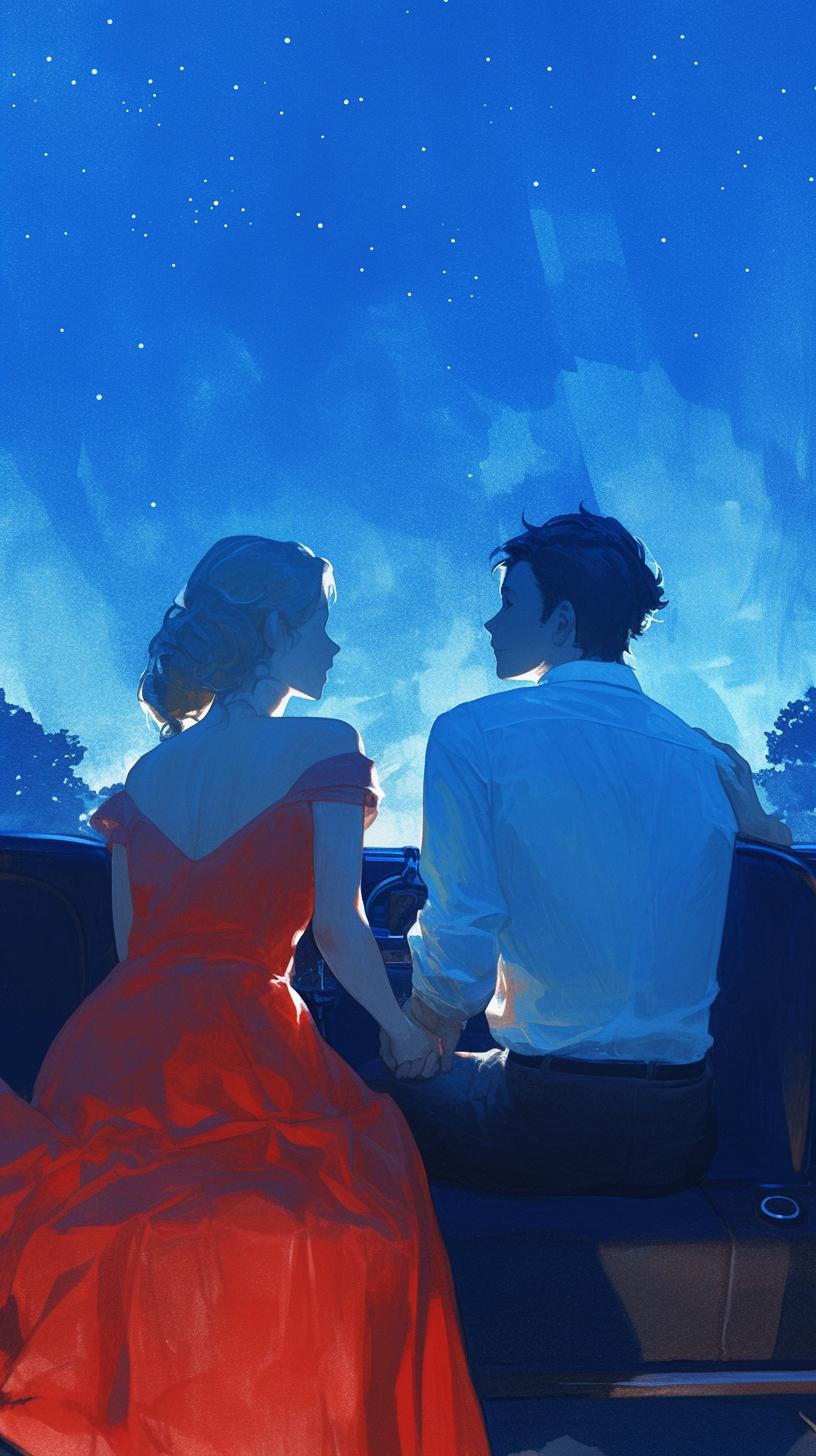 Illustrating a pair at drive-in theater holding hands.