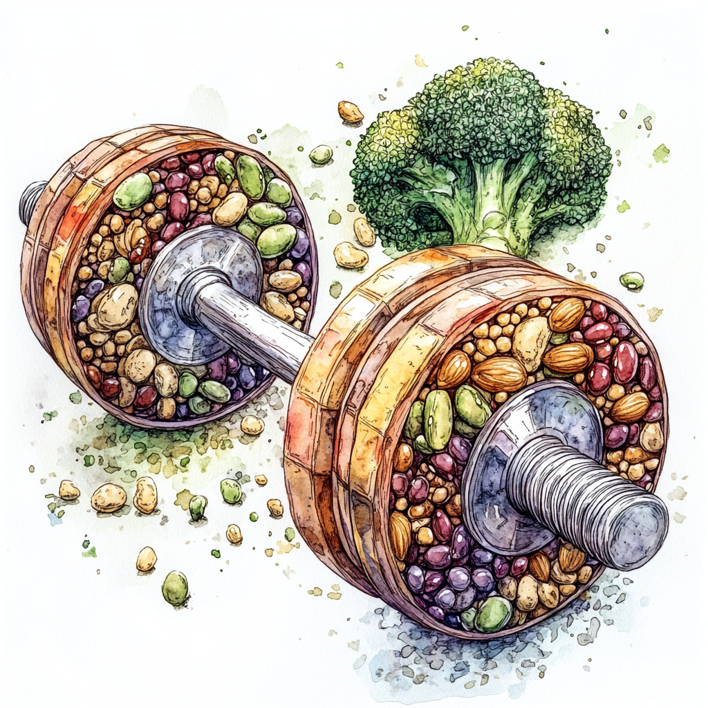 Illustration and drawing of barbell made of healthy foods.