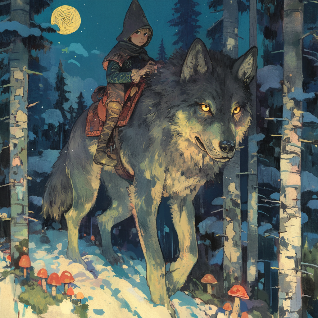 Illustration by Ivan Bilibin depicts boy on wolf.