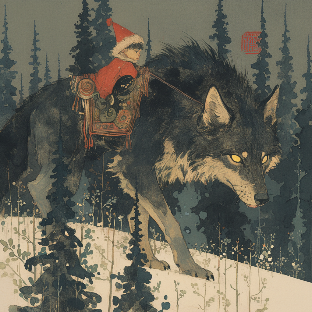 Illustration by Ivan Bilibin of boy riding wolf.