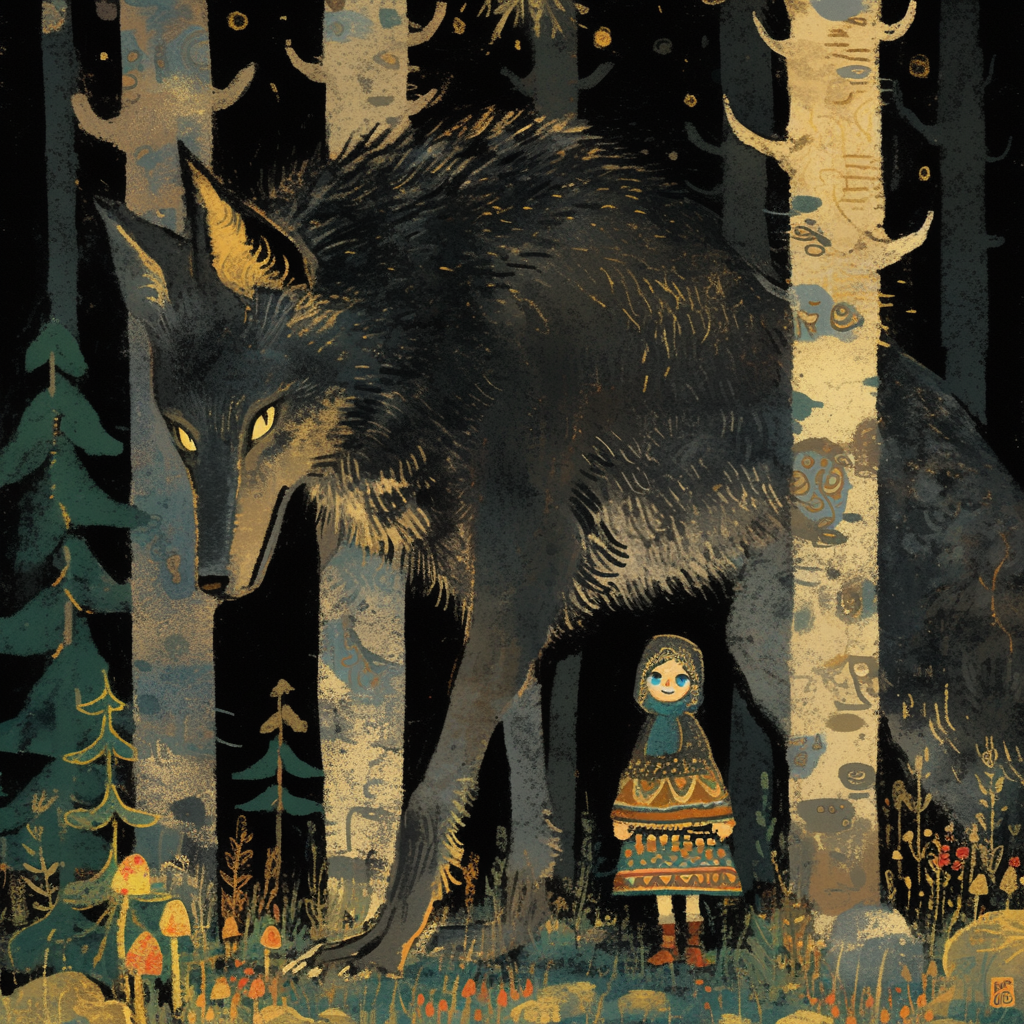 Illustration by Ivan Bilibin with wolf and boy.