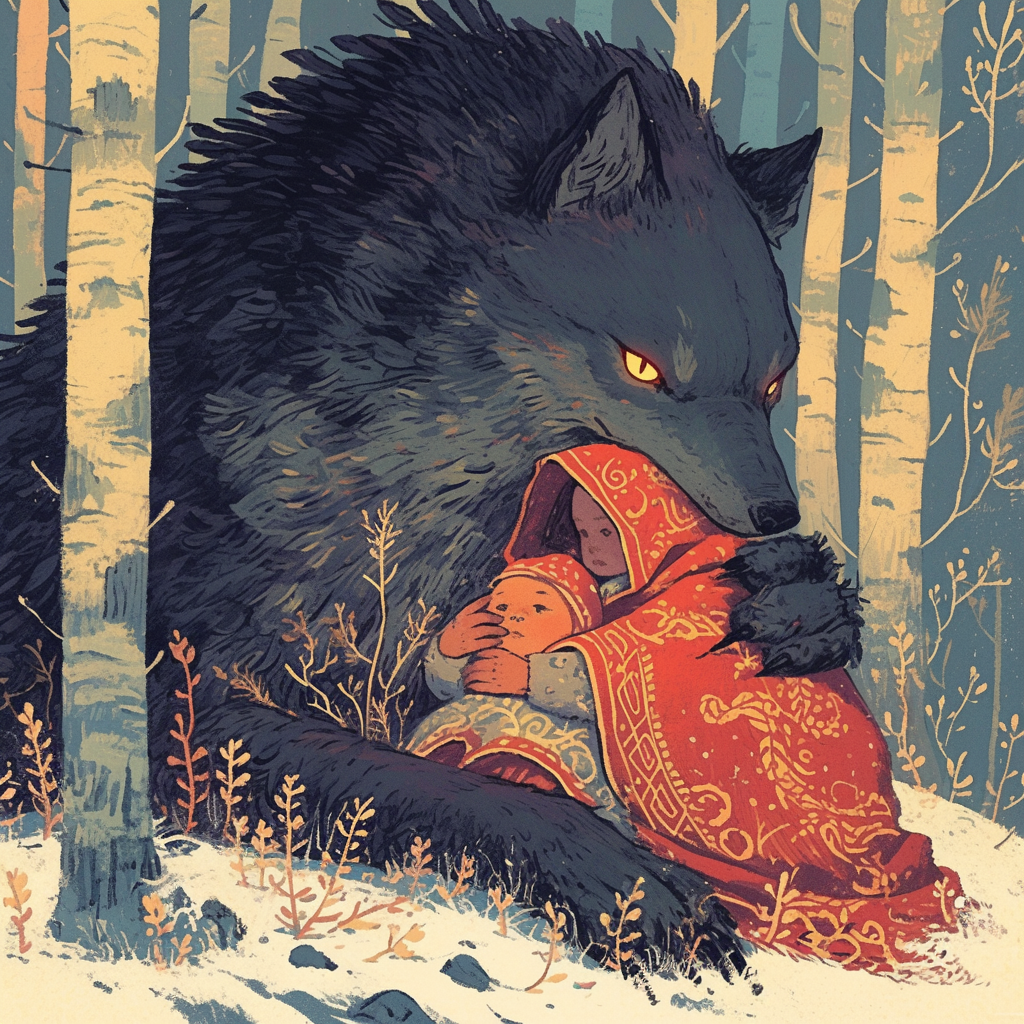 Illustration by Ivan Bilibin: wolf embracing baby. Folklore style.