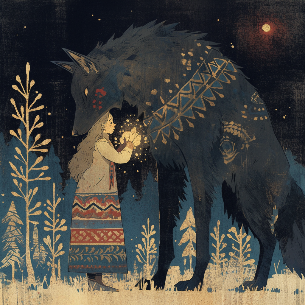 Illustration in style of Russian fairy tales with details.