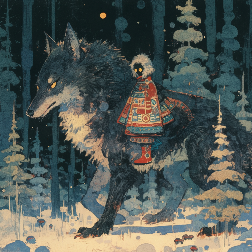 Illustration inspired by Russian fairy tales featuring wolf and boy.