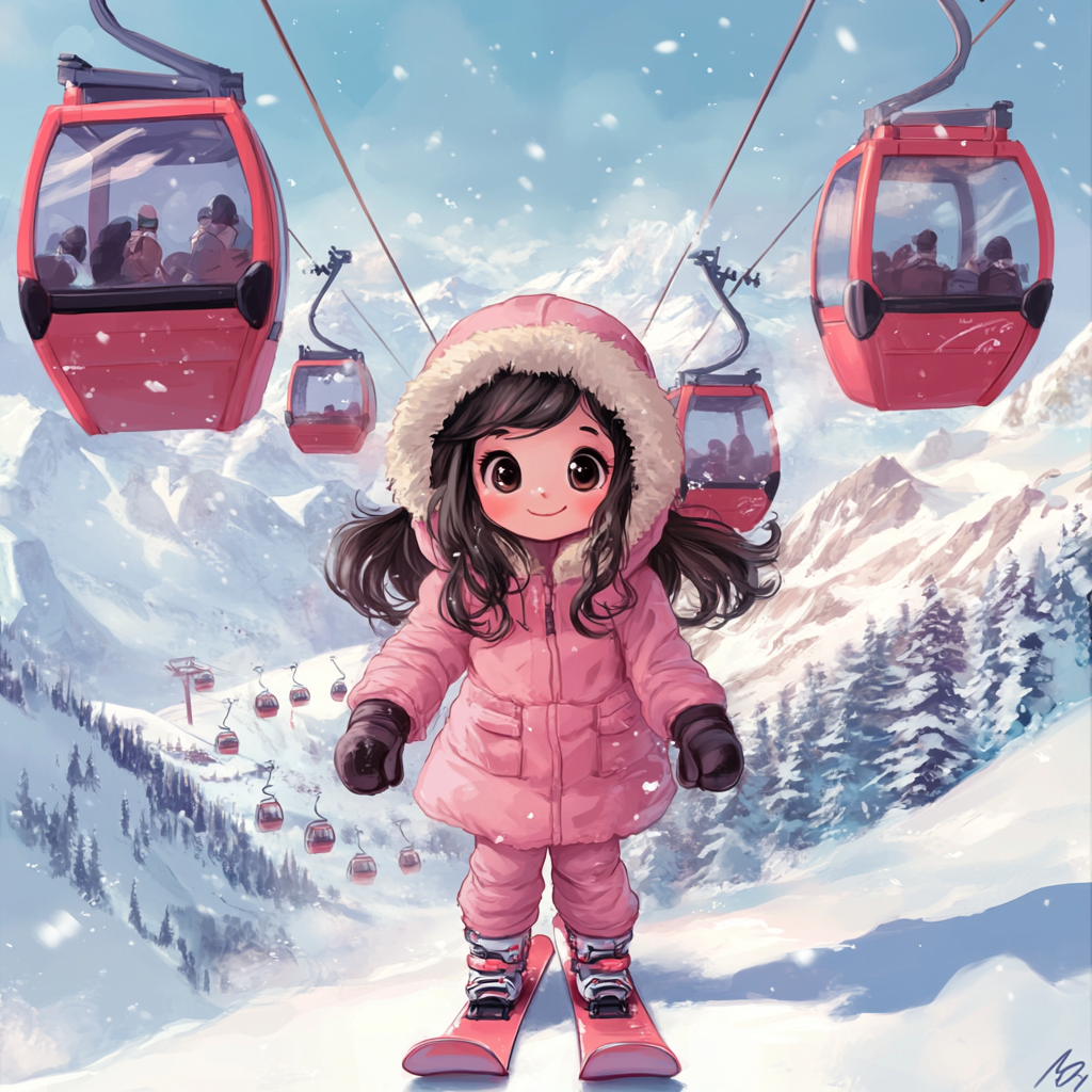 Illustration of 10 year old girl skiing happily.