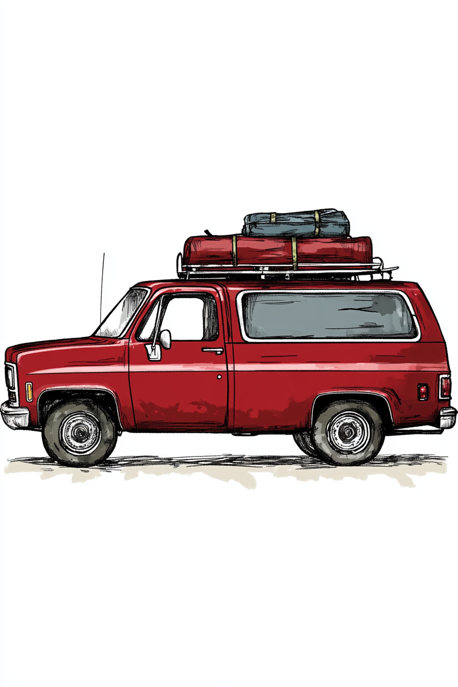 Illustration of 1980s red Chevy van with luggage.