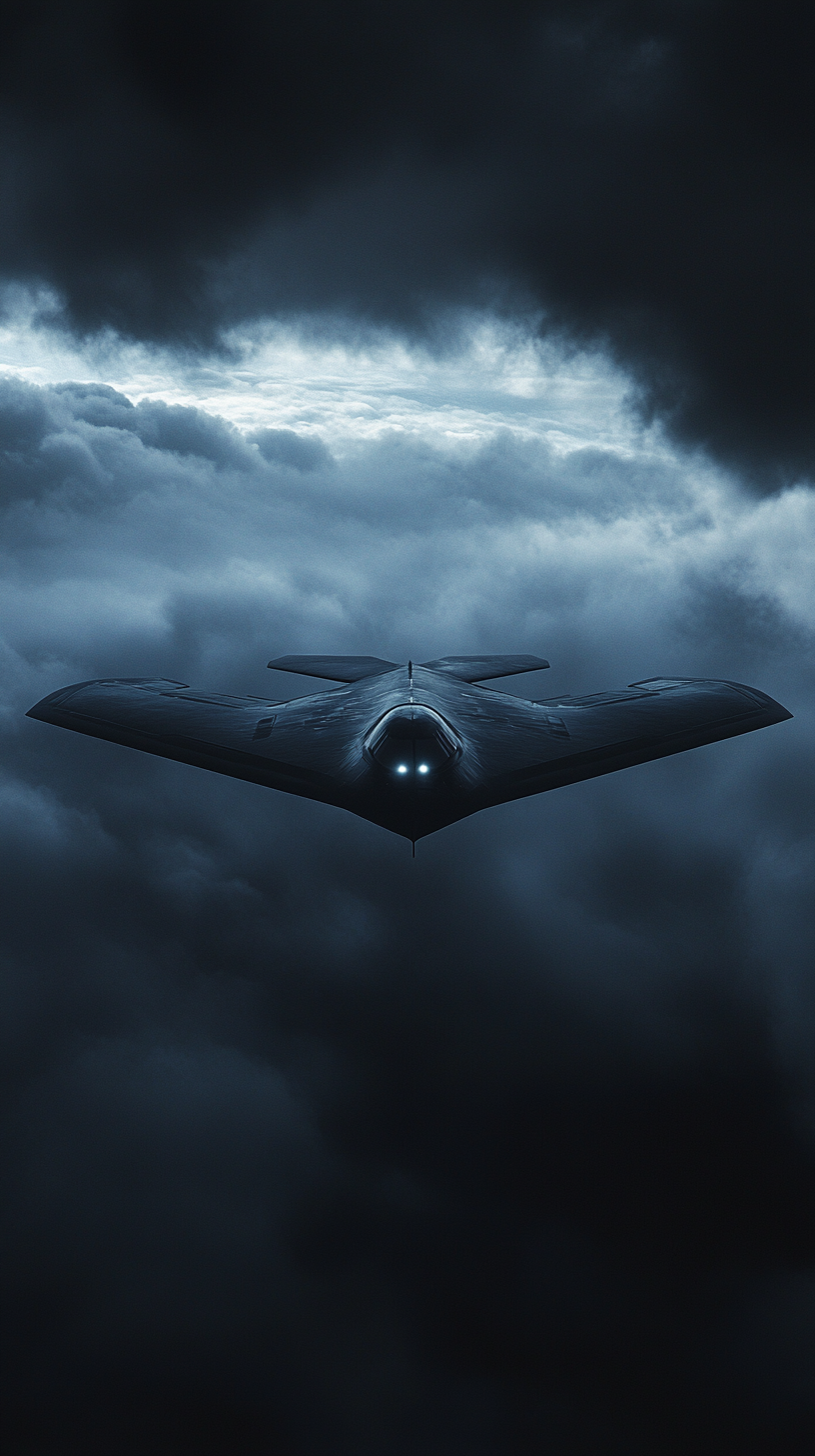 Illustration of B-21's sleek, stealth design against stormy sky.