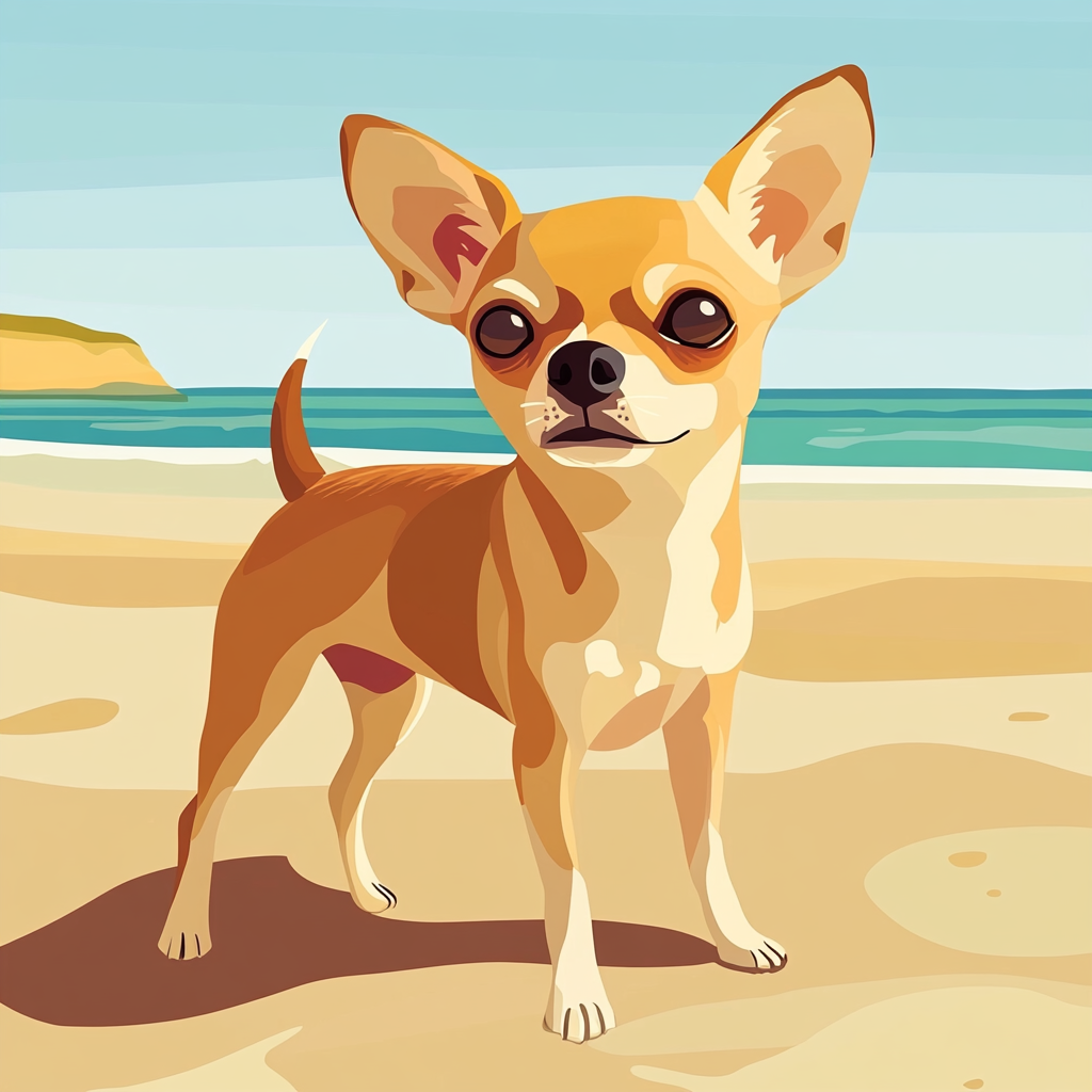 Illustration of Chihuahua on beach with calm expression.