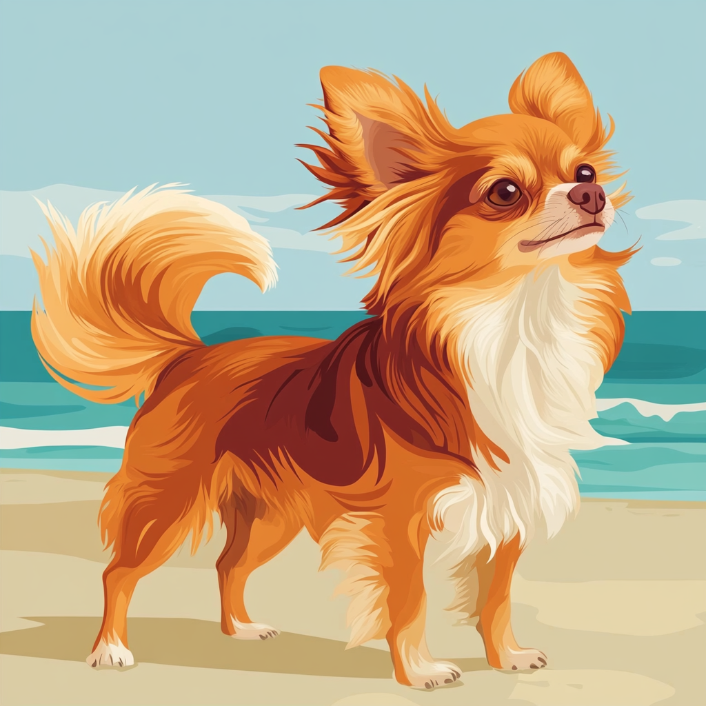 Illustration of Chihuahua with long hair on beach.