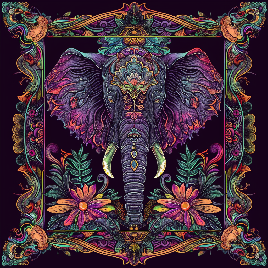 Illustration of Exotic Animal with Psychedelic Foliage on Retro Vintage Background