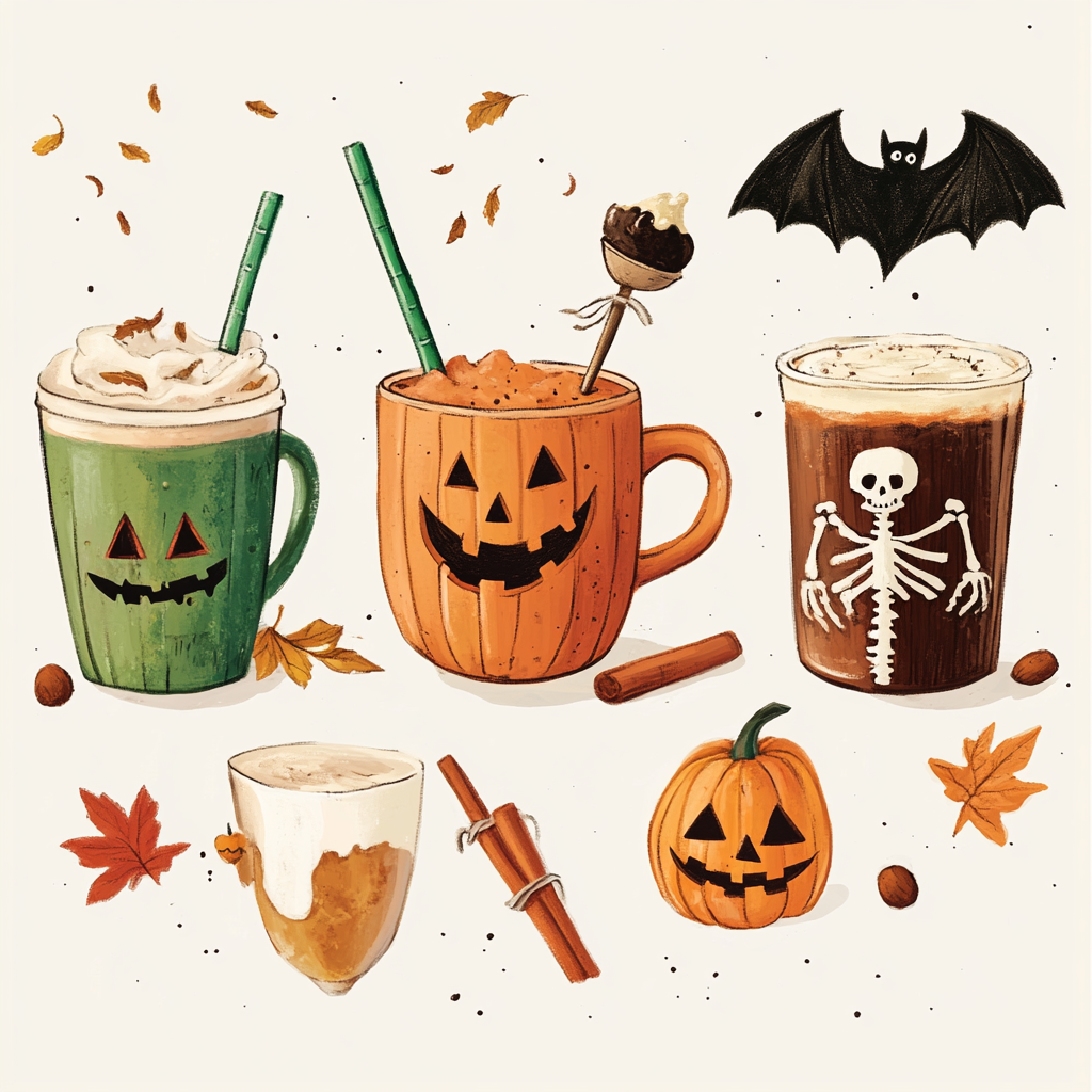 Illustration of Halloween and autumn-themed drinks in mugs.