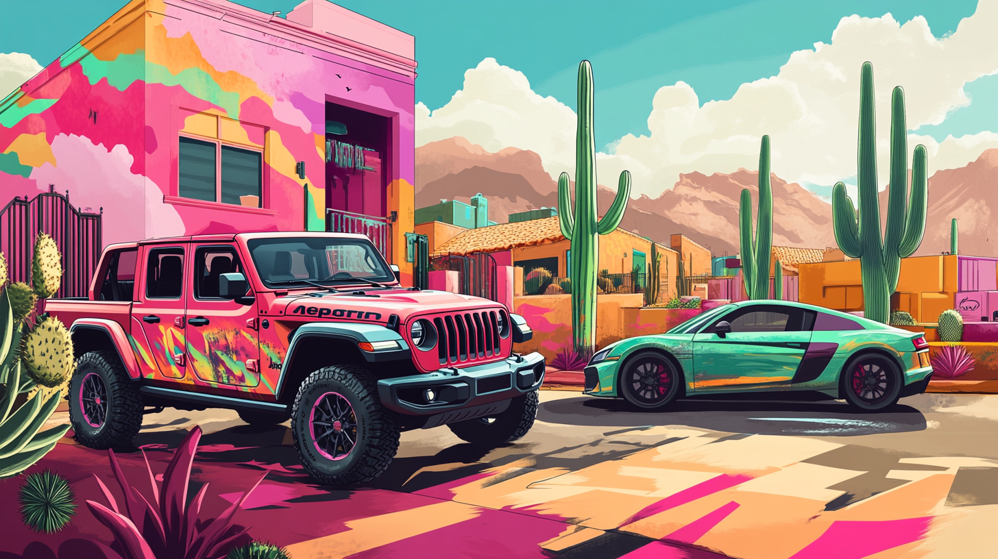 Illustration of Jeep Gladiator & Audi R8 in Arizona desert.