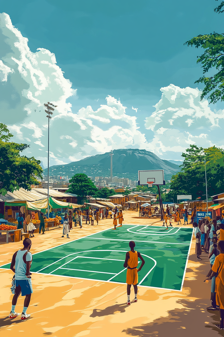 Illustration of Nigerian basketball court with vibrant colors and locals.