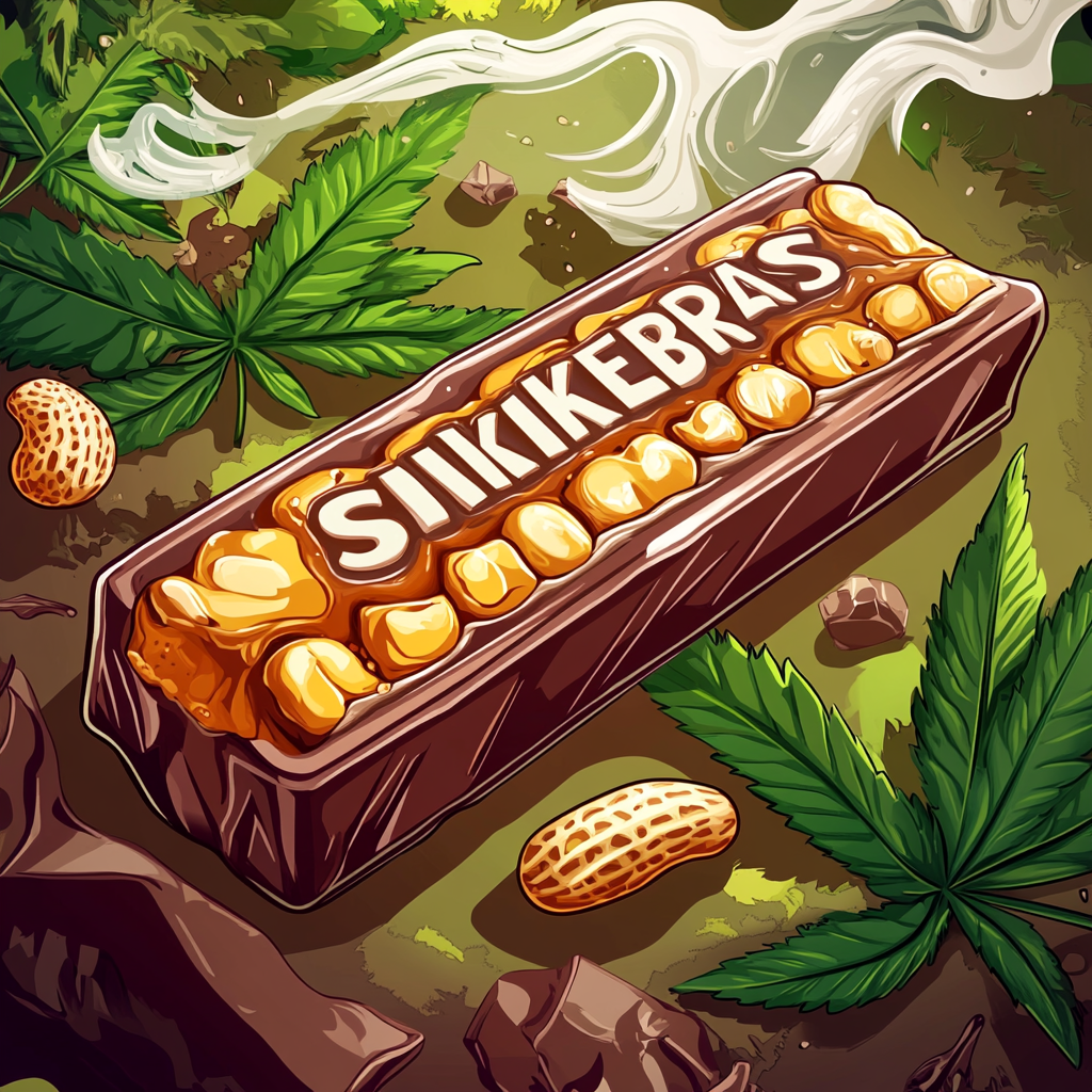 Illustration of Snickers bar with cartoon cannabis leaves.