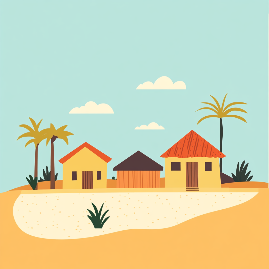 Illustration of a simple Madagascar village with palm trees.