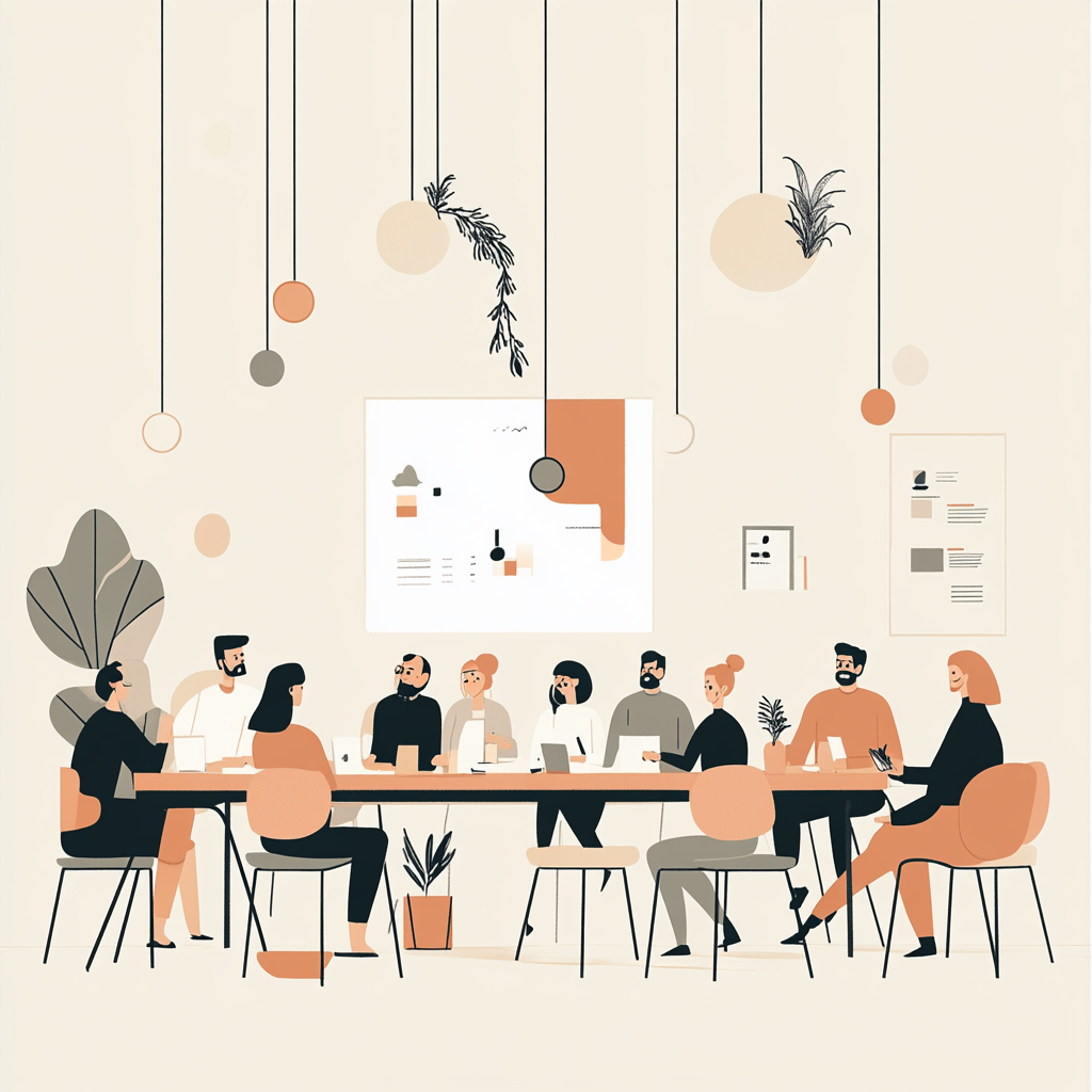 Illustration of a warm, connected business meeting room.